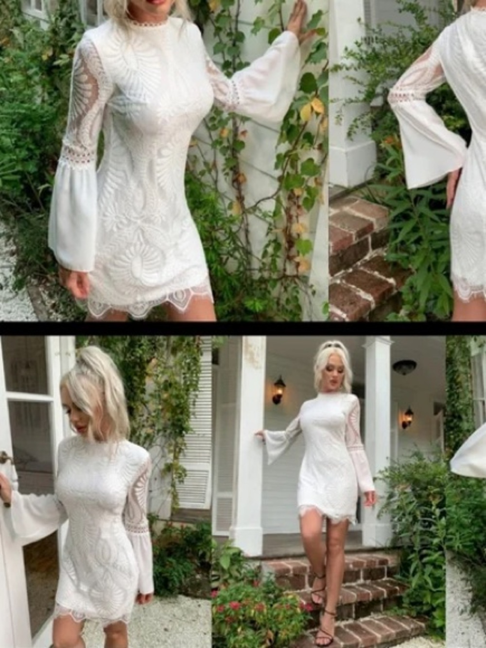 🤍EillyBazar - White Lace Bell-Sleeve Dress - Size M